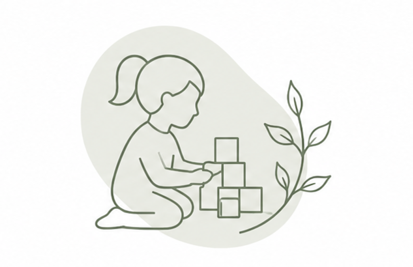 Line drawing of a young girl playing with building blocks, sitting on her knees, next to a plant with leaves.