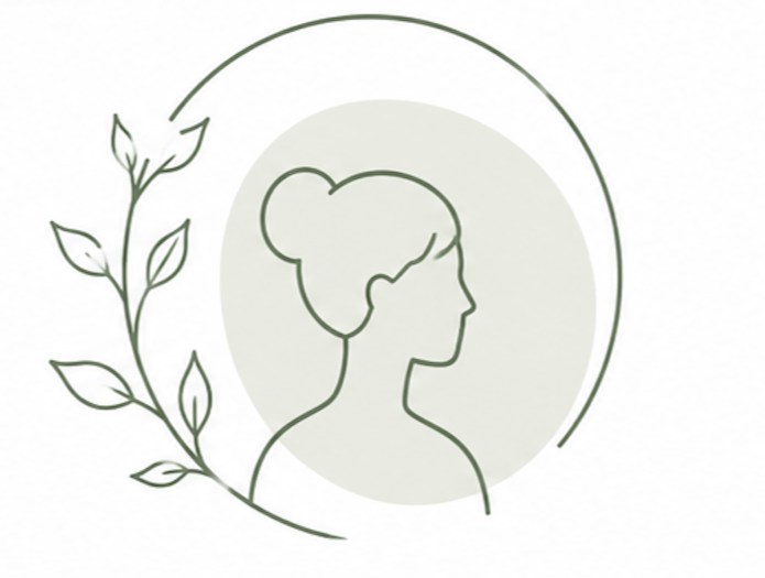 Line drawing of a woman's profile with her hair in a bun, surrounded by a circular outline and a leafy branch on the left side.