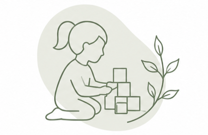 A line drawing of a girl kneeling and stacking blocks, with a plant beside her.