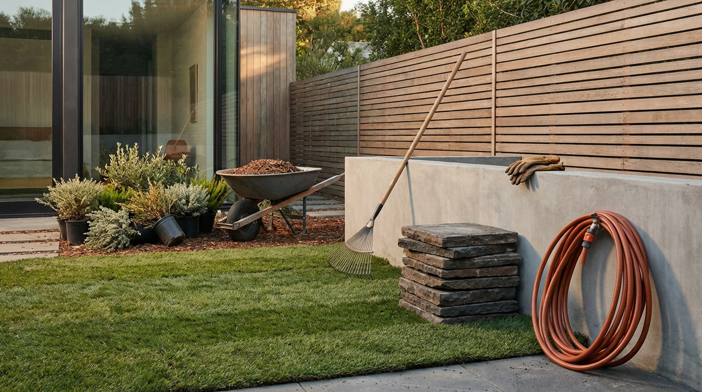 A backyard garden scene with a wheelbarrow filled with mulch, potted plants, a rake leaning on a concrete wall, a stack of stone tiles, and a coiled orange garden hose.