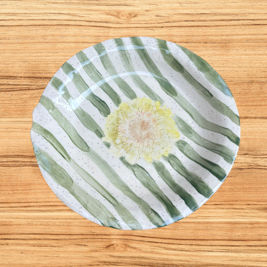 Green Stripe Sunflower Dinner Plate