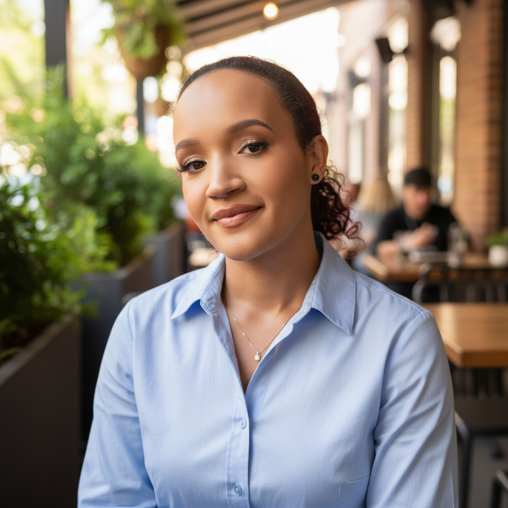 A woman with makeup, wearing a light blue button-up shirt and a necklace, sitting outside at a cafe with blurred people and greenery in the background.
