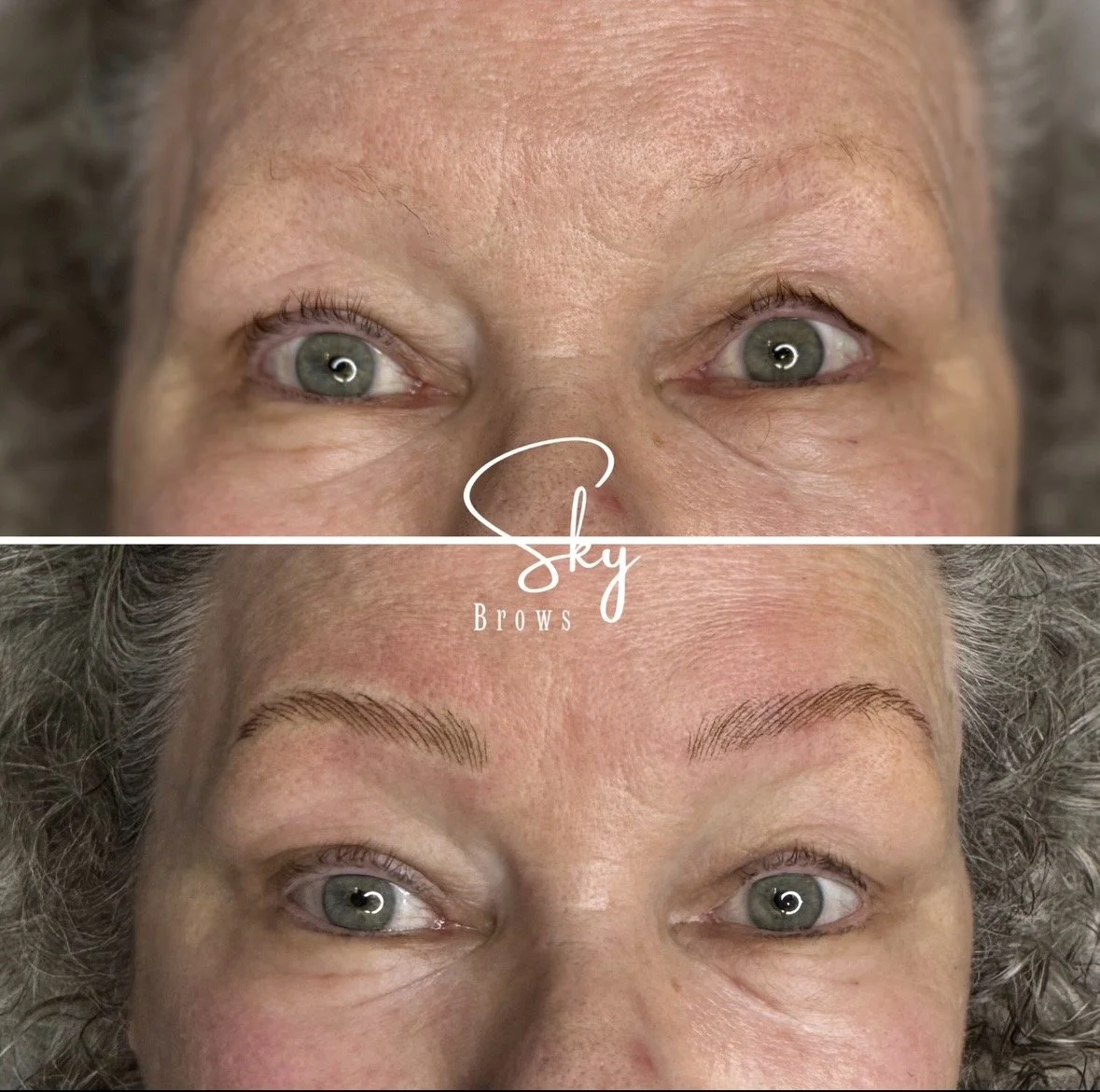Before and after images of a woman's eyebrows showing cosmetic eyebrow enhancement, with the after image displaying well-defined, shaped eyebrows.