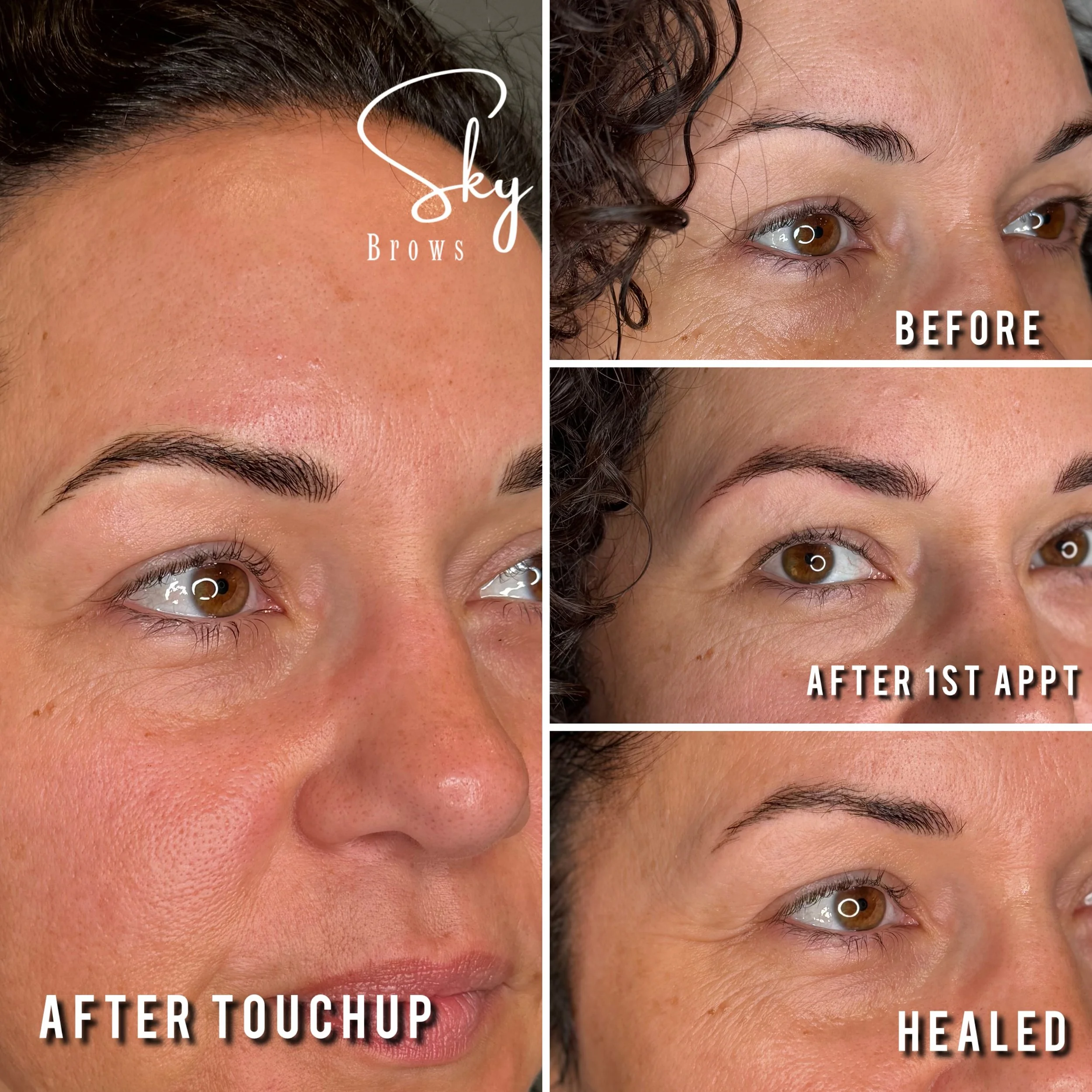 A side-by-side comparison of a woman's forehead and eye area showing before and after eyebrow treatment. The left side shows eyebrows before touch-up with visible sparse hair, and the right side shows eyebrows after healing with fuller, well-defined 