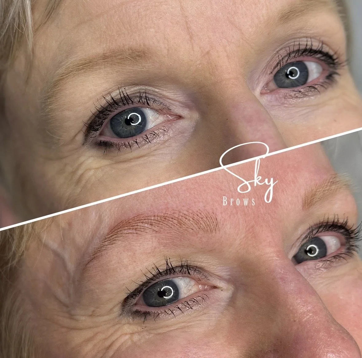 A side-by-side comparison of a person's eyebrows before and after microblading, with the top showing a natural brow and the bottom showing a more defined, fuller eyebrow. The image has a logo in the middle with the text 'Sky Brows.'