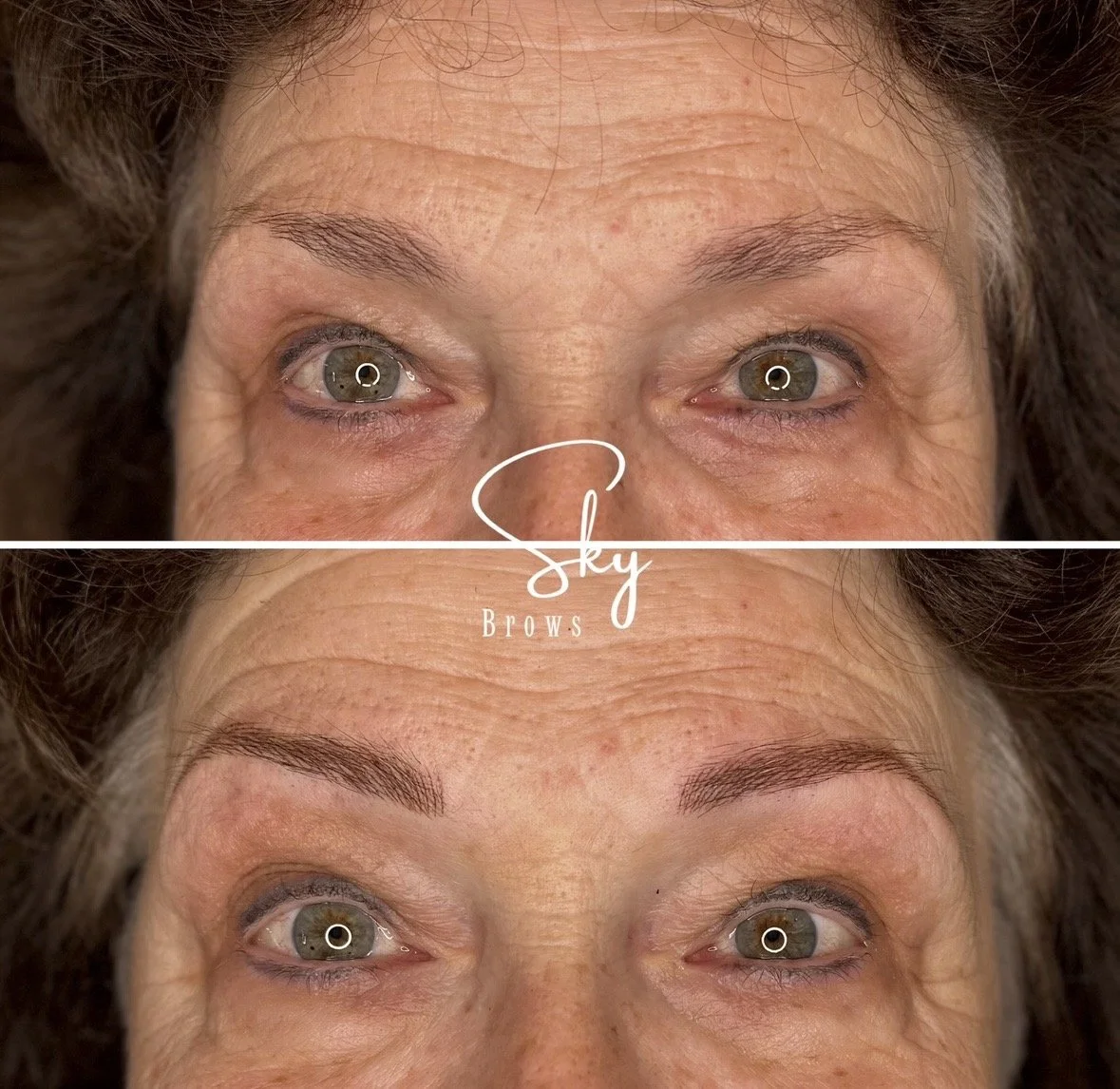 Close-up of a woman's face before and after eyebrow microblading, showing improved, fuller eyebrows in the after image.