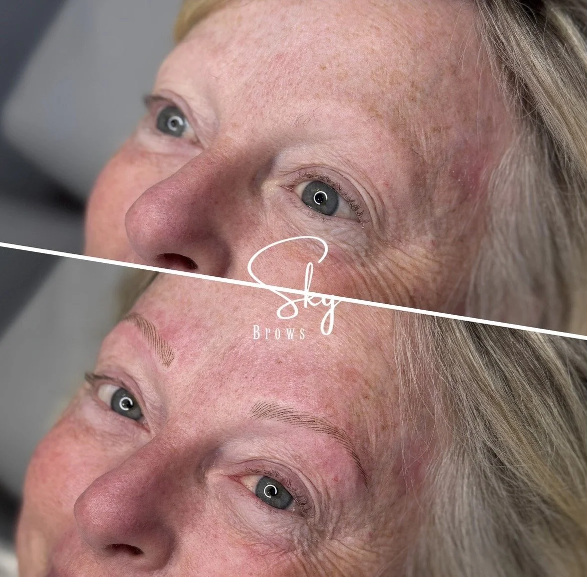 A side-by-side comparison of a woman's eyebrows before and after cosmetic enhancements, with the top showing natural eyebrows and the bottom showing newly shaped and filled-in eyebrows. The image features a logo with the words "Sky Brows" in the midd