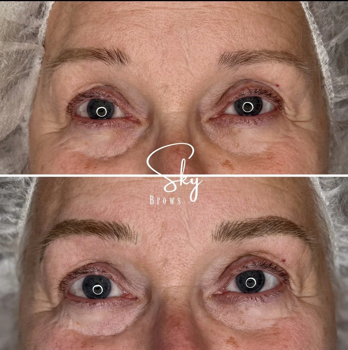 A side-by-side comparison of a woman's eyes before and after eyebrow styling. The top image shows natural, sparse eyebrows, while the bottom shows groomed, fuller eyebrows. The woman's skin appears smooth, and she has blue eyes.