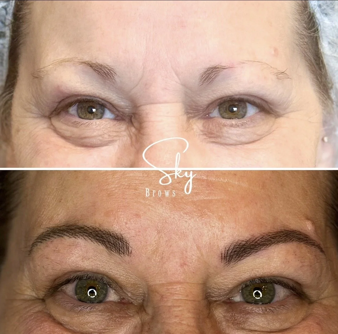 Comparison of a woman's eyebrows before and after microblading, showing fuller, darker eyebrows in the after image.