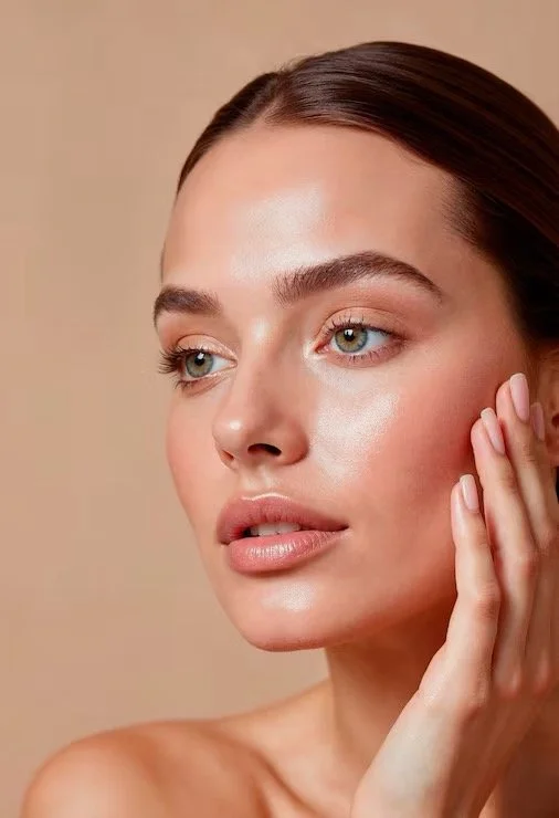 Close-up of a young woman with clear skin, light makeup, and brown hair pulled back, touching her face gently.