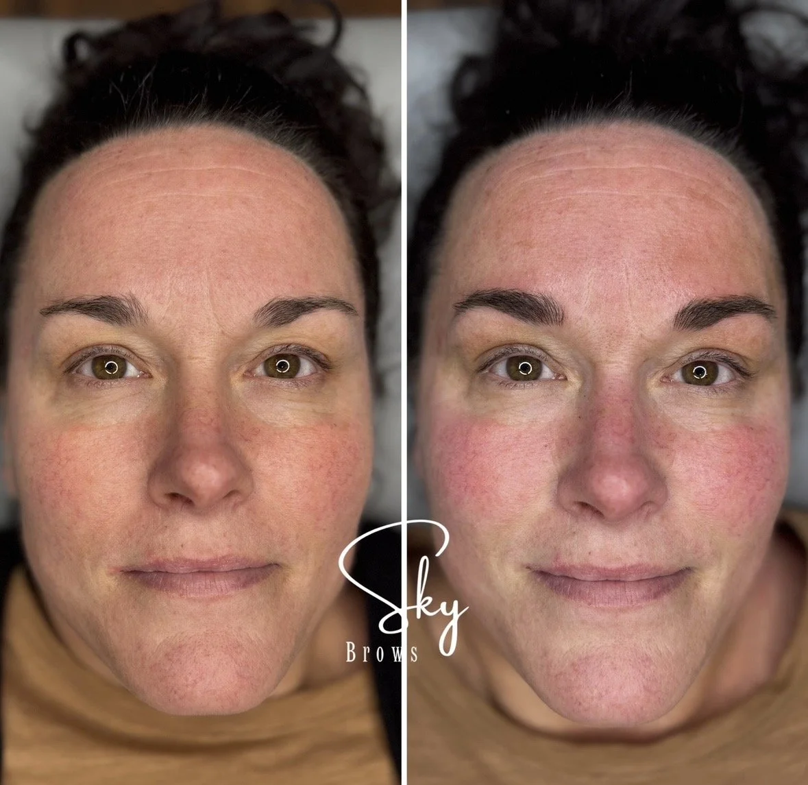Comparison of woman's face before and after eyebrow enhancement, showing fuller, darker eyebrows on the right side.
