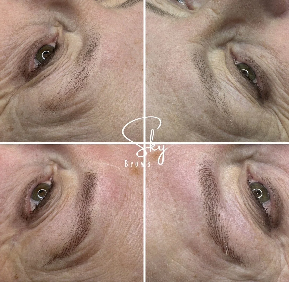 A collage of four close-up images showing a person's eyebrow transformation through a cosmetic procedure, with the logo 'Sky Brows' in the center.