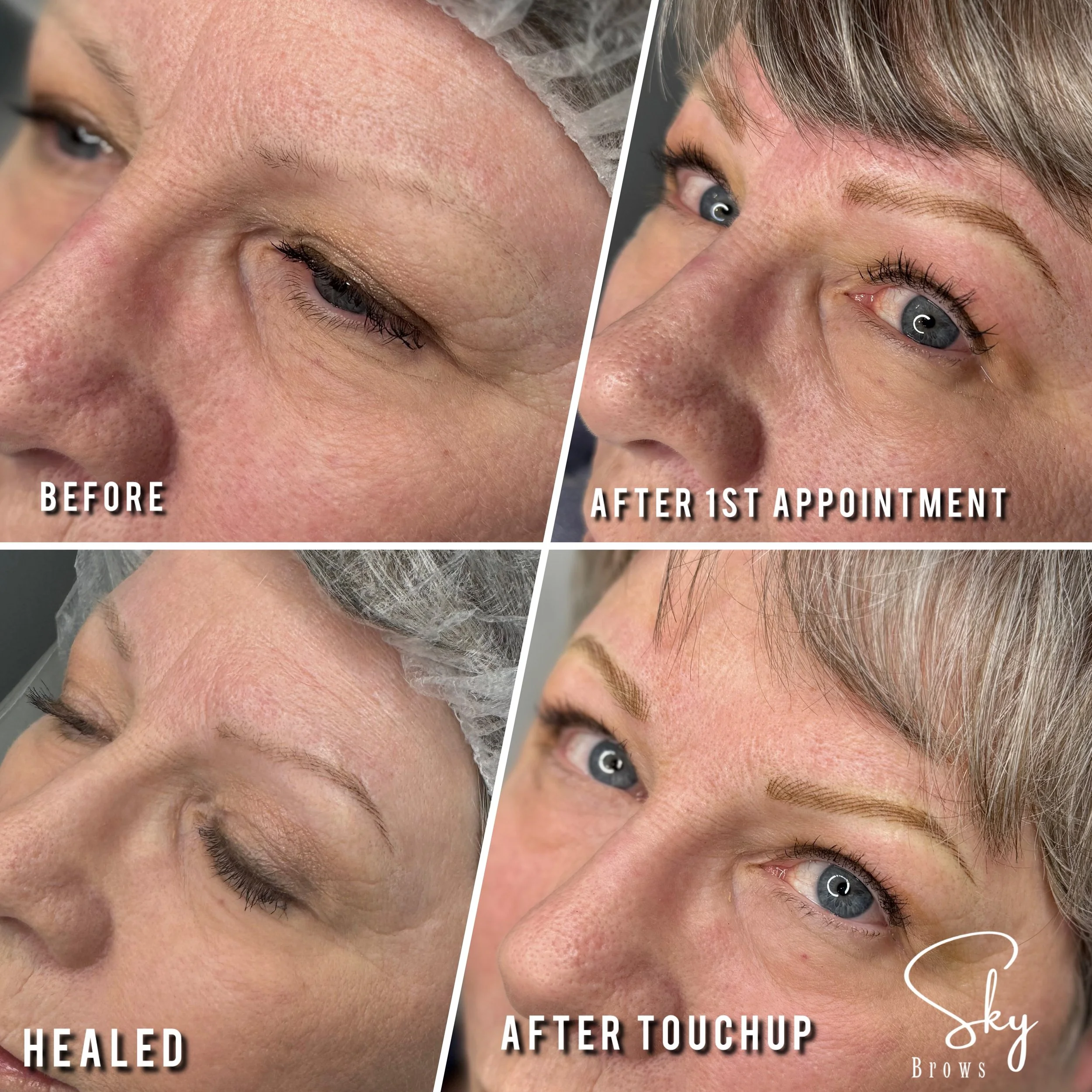 Close-up of a woman's face shows before and after images of eyebrow treatment. The 'before' side has sparse, thin eyebrows, while the 'after' side has fuller, well-defined eyebrows. The woman's eye is partly visible, and she appears to be lying down,