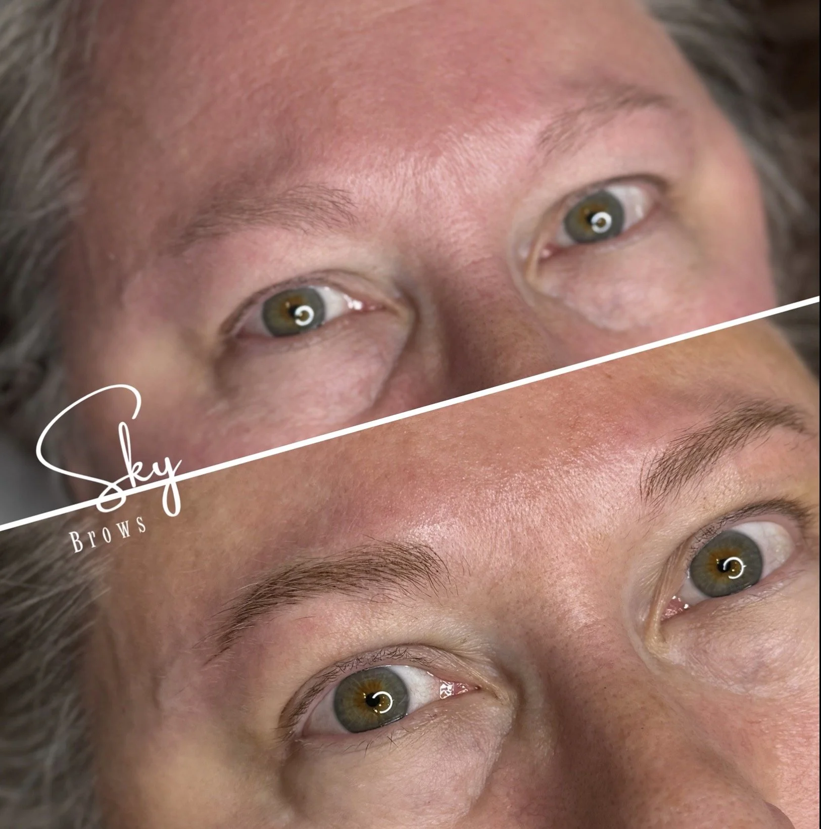Close-up of a person's face showing eyebrows, eyes, and forehead, with the text 'Sky Brows' on the image.
