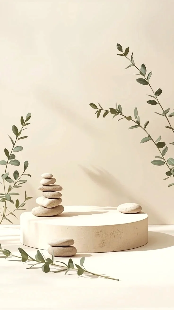 A minimalist composition featuring a circular white platform with a small stack of smooth stones, surrounded by green leafy branches with a neutral background.