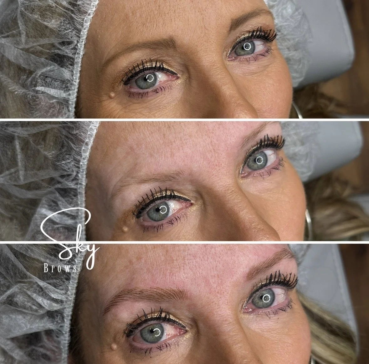 Close-up of a woman's eyes before and after eyebrow grooming, showing improvement in eyebrow appearance.