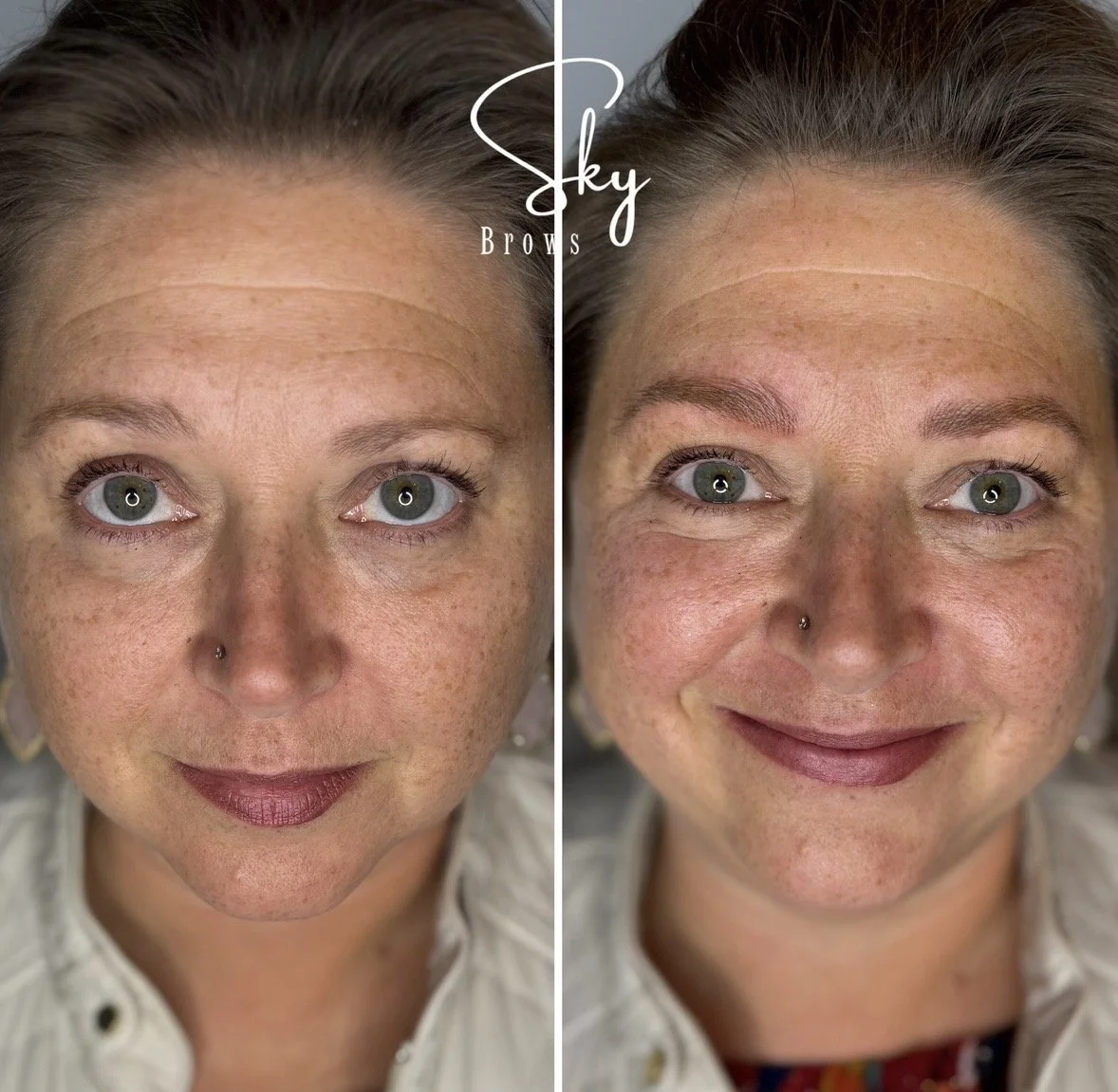 Side-by-side comparison of a woman's face before and after eyebrow cosmetic treatment. The left side shows her natural eyebrows, and the right side shows her with newly enhanced eyebrows, smiling with visible laughter lines and makeup. The background