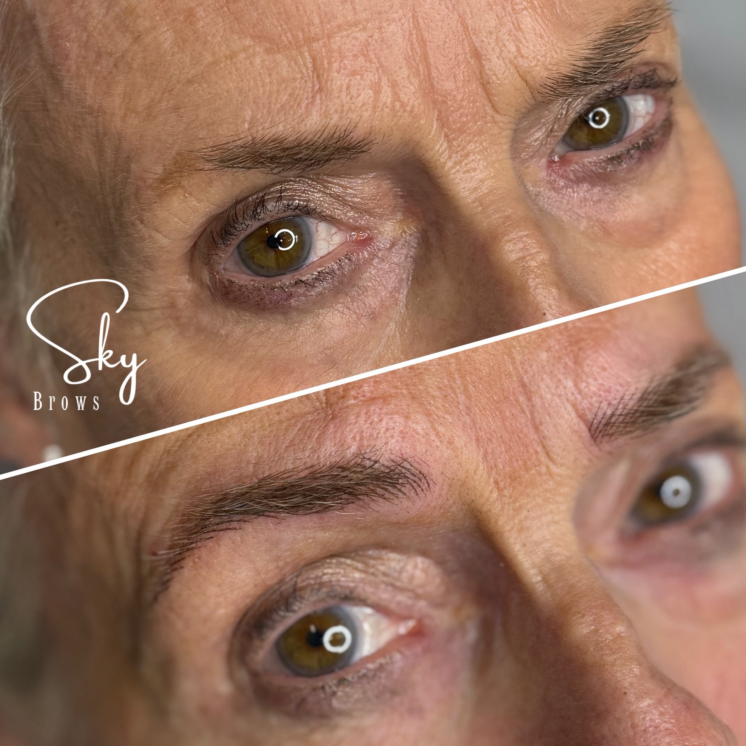 Close-up of a person's face showing their eyes, with one eye closed and the other eye open, revealing brown irises and well-groomed eyebrows.