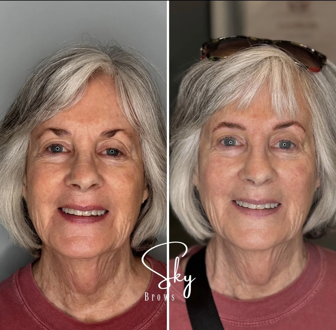Side-by-side comparison of an elderly woman before and after eyebrow grooming, showing a more defined and shaped brow in the after photo.