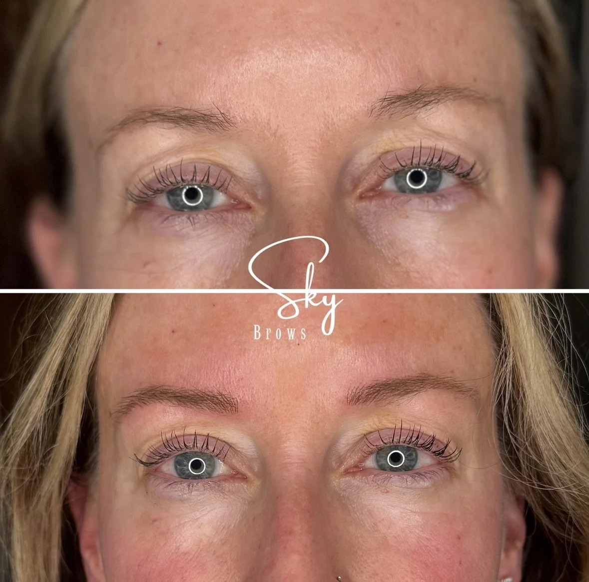 Before and after close-up images of a woman's eyebrows showing a cosmetic brow transformation, with the logo 'Sky Brows' in the center.