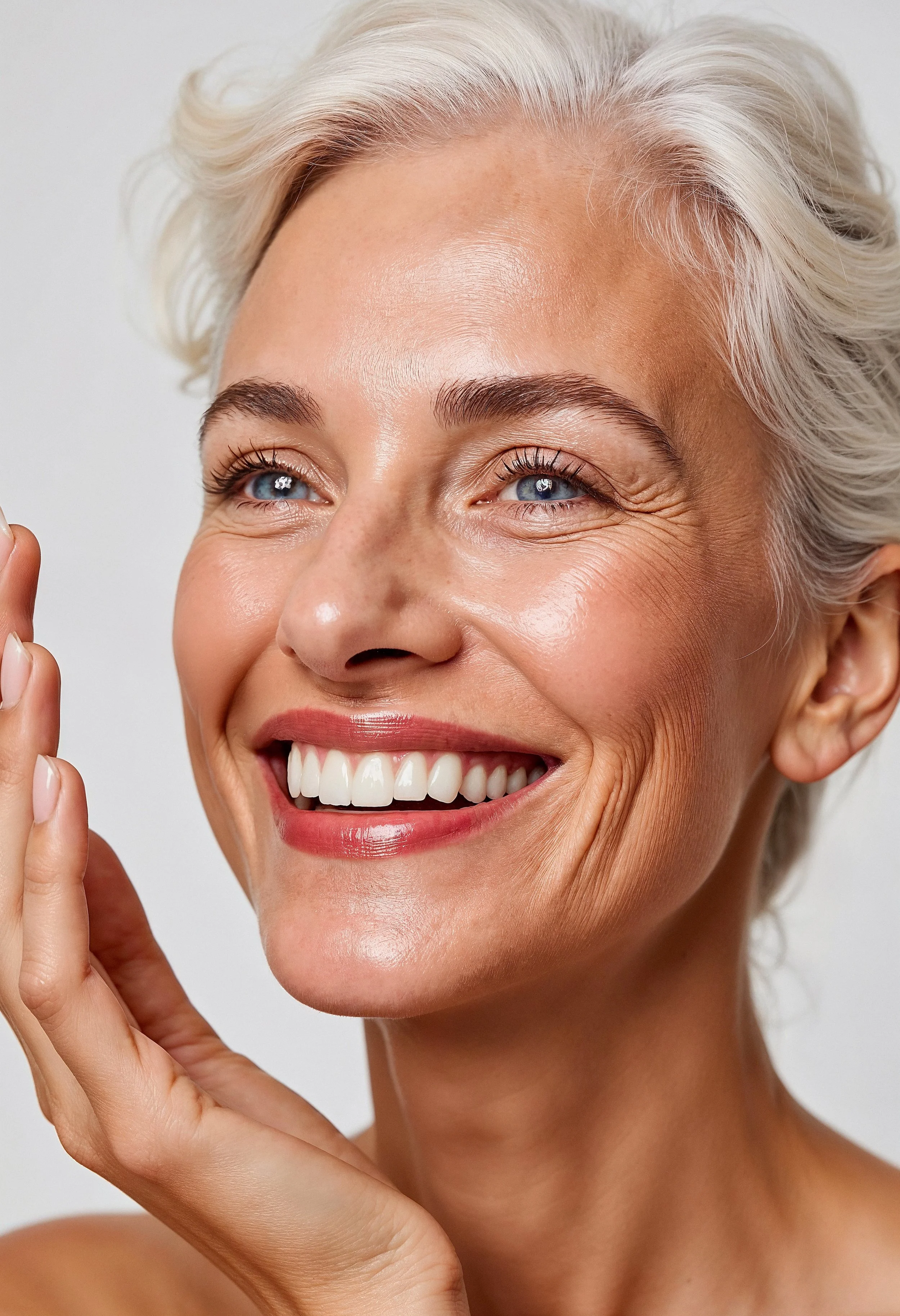 Close-up of a smiling woman with short platinum blonde hair, bright eyes, and clear skin, holding her hand near her face.
