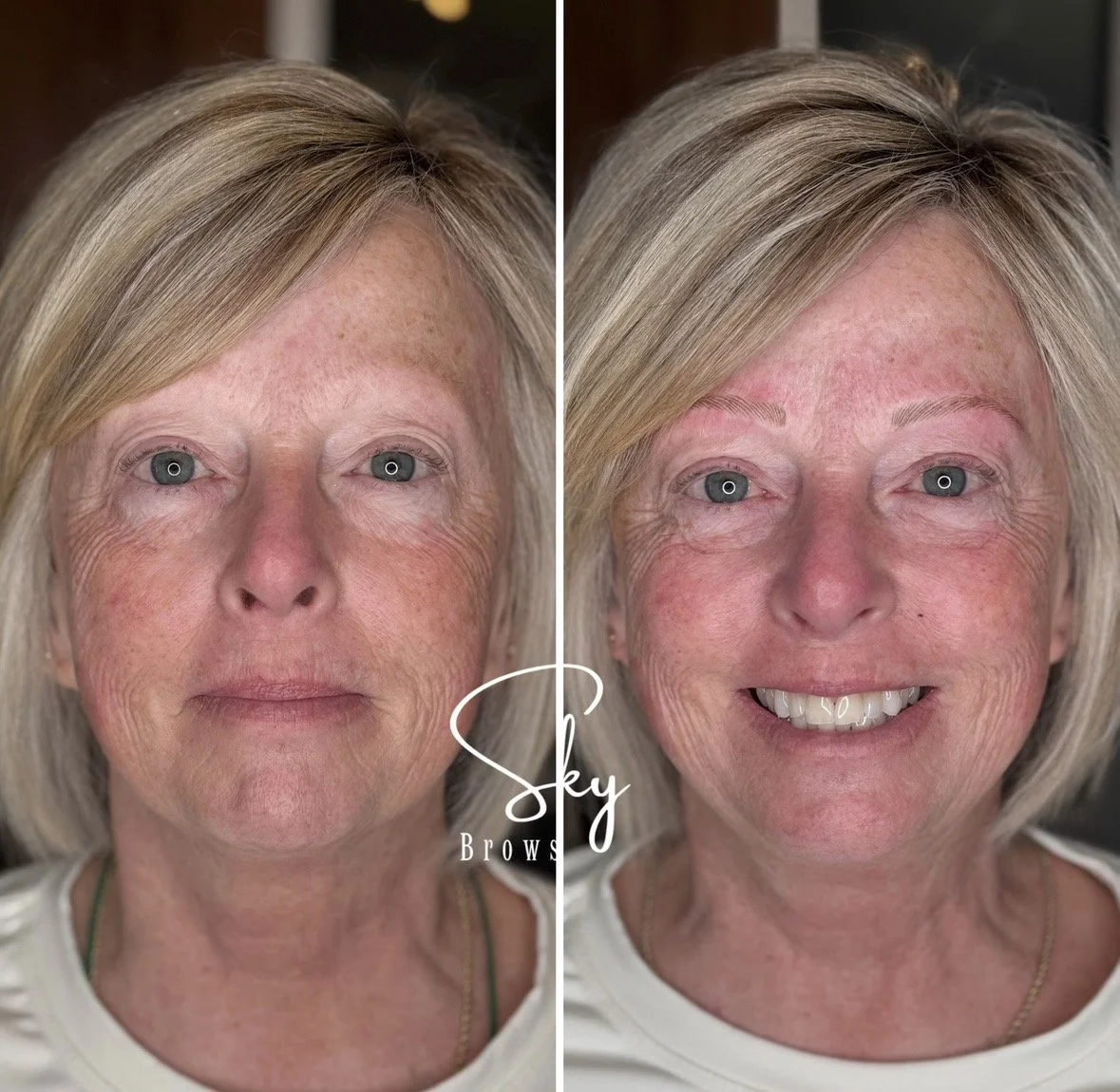 Side-by-side comparison of a middle-aged woman showing her face before and after eyebrow microblading, with the right side smiling widely.