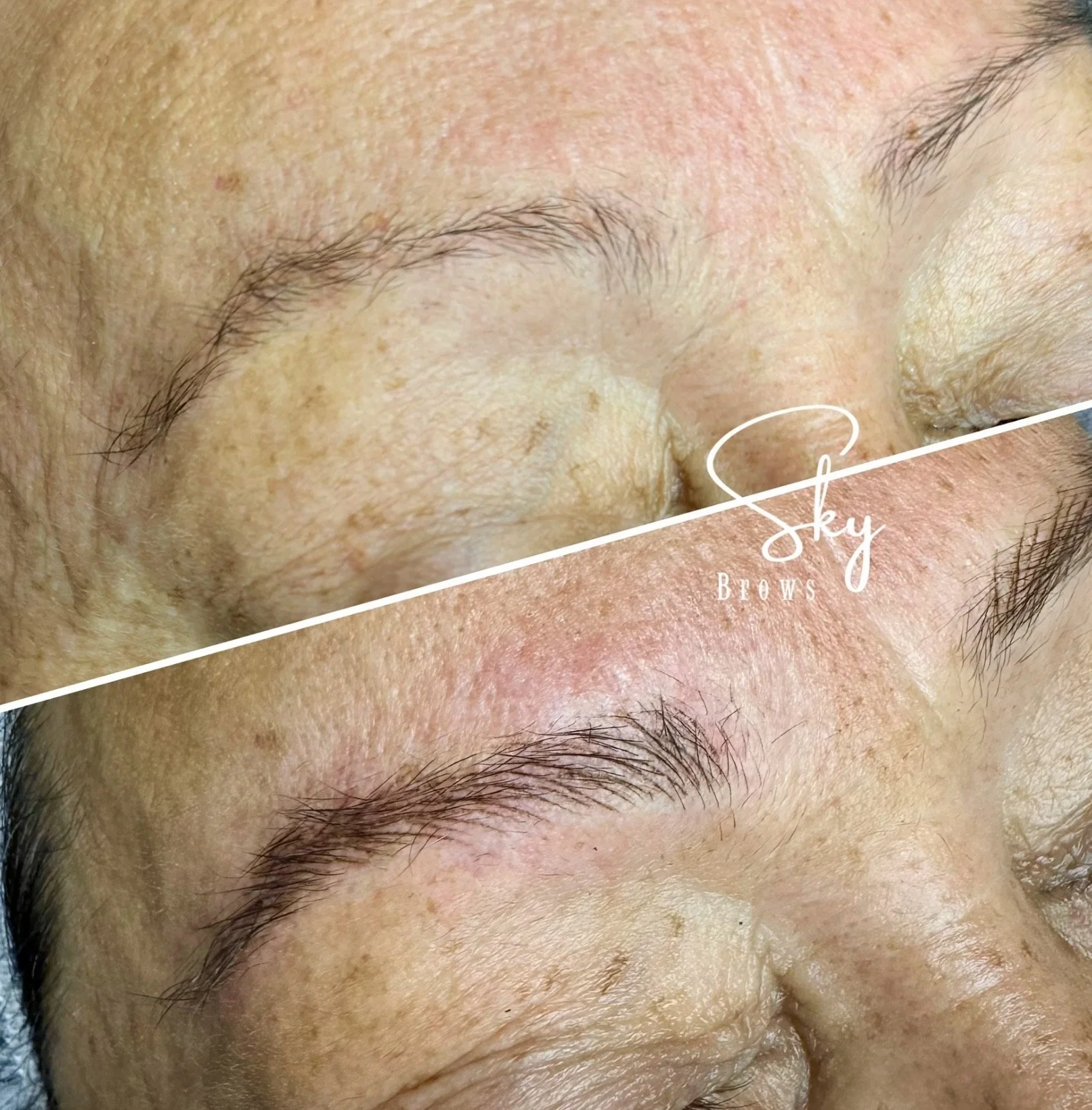 Close-up of a person's facial skin showing smooth eyebrows and detailed skin texture with the words Sky Brows overlayed.