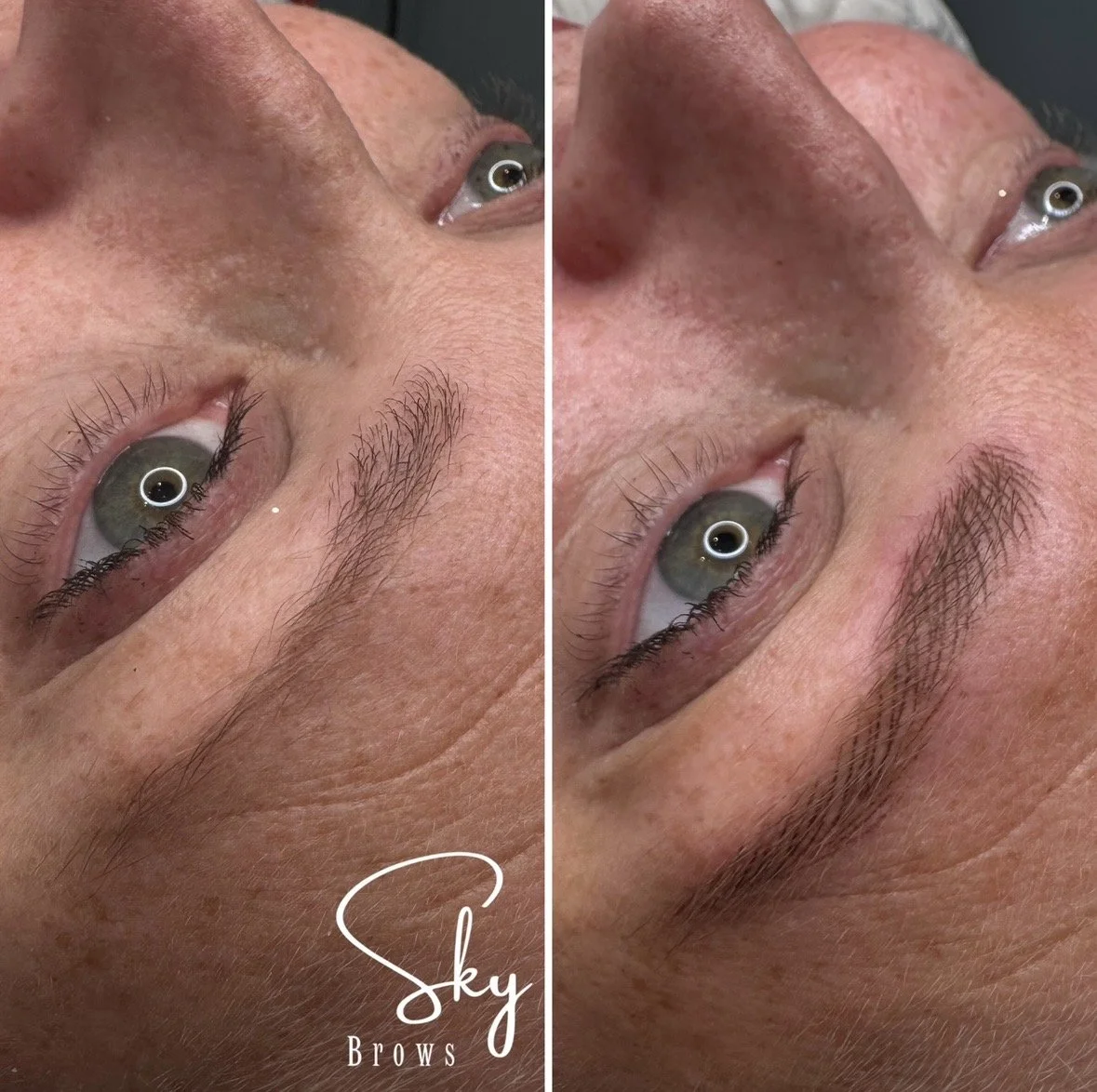 Close-up of a person's face comparing eyebrows before and after eyebrow grooming or makeup, with the words 'Sky Brows' at the bottom left.