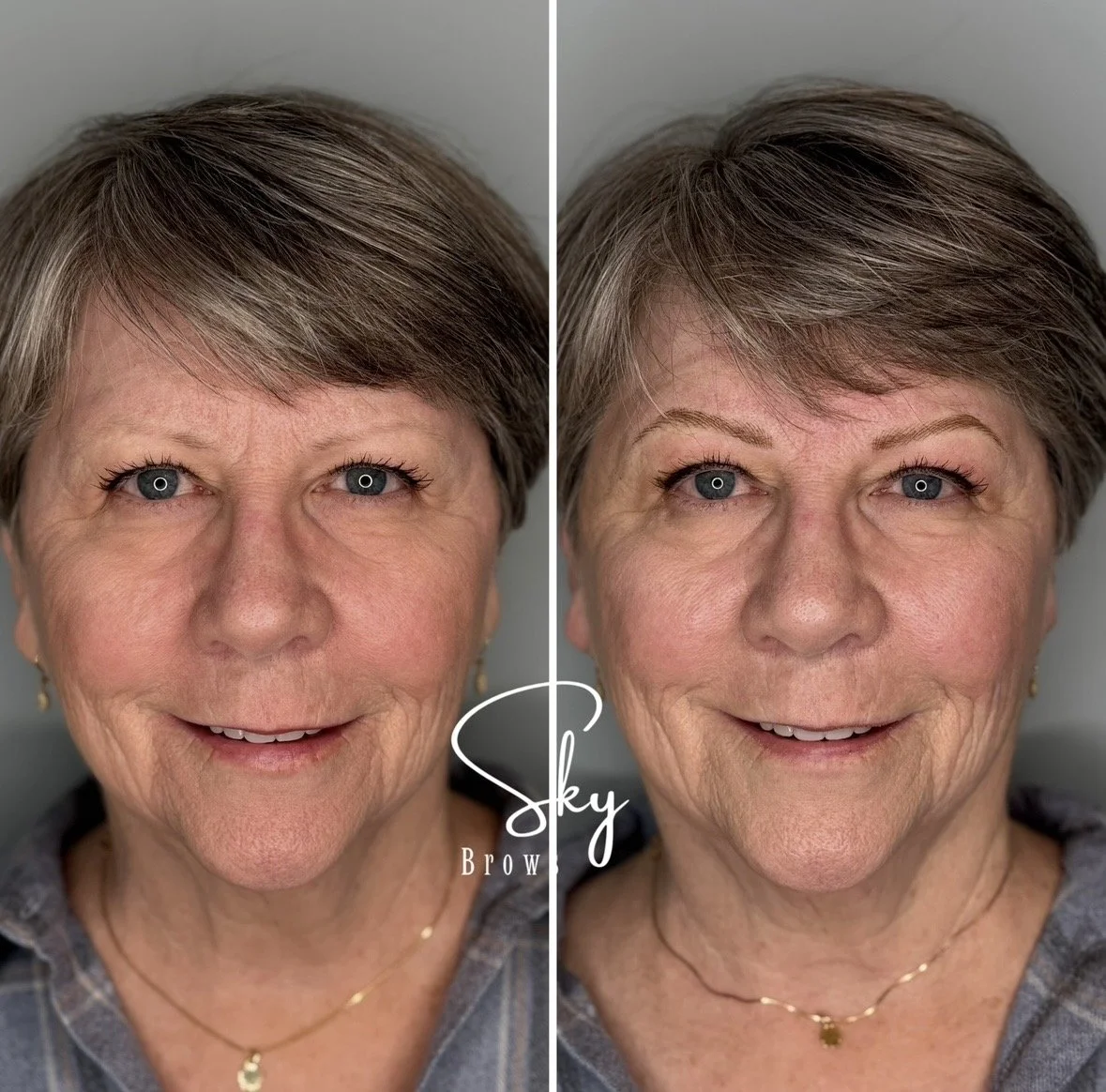Side-by-side comparison of a woman showing her face before and after eyebrow enhancement, with a logo for Sky Brow in the center.