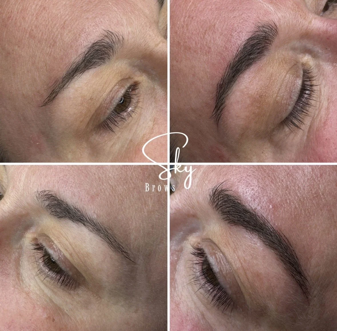 Before and after photos showing eyebrow microblading or enhancement, with natural-looking, well-defined eyebrows on a person with fair skin.