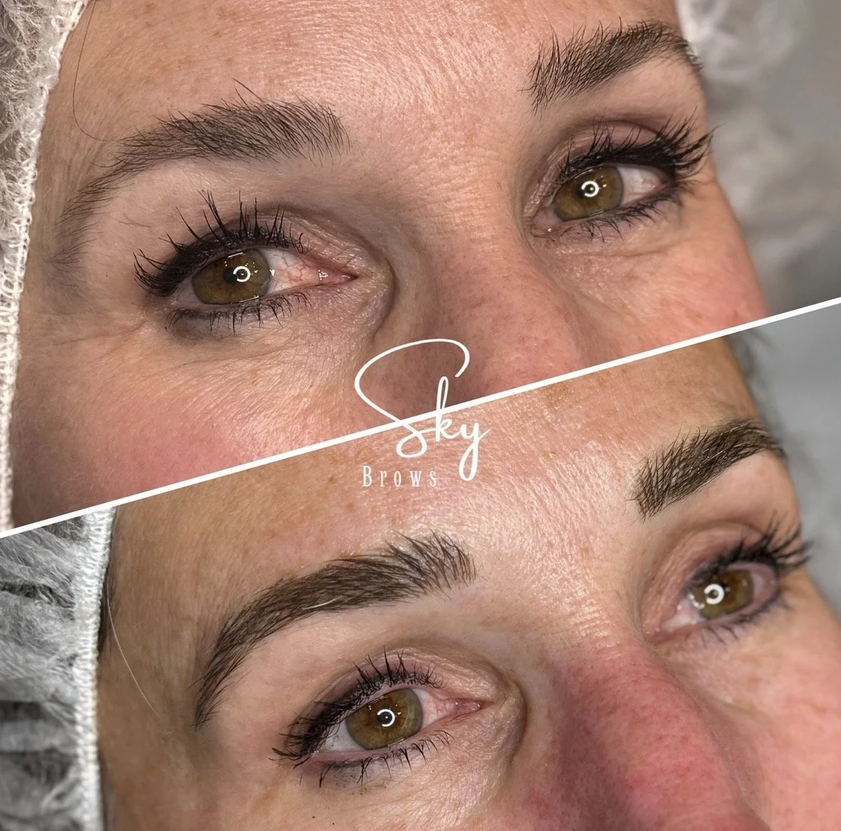 Close-up of a woman's face showing before and after eyebrow grooming, with the top image displaying unruly eyebrows and the bottom image showing well-shaped, groomed eyebrows.