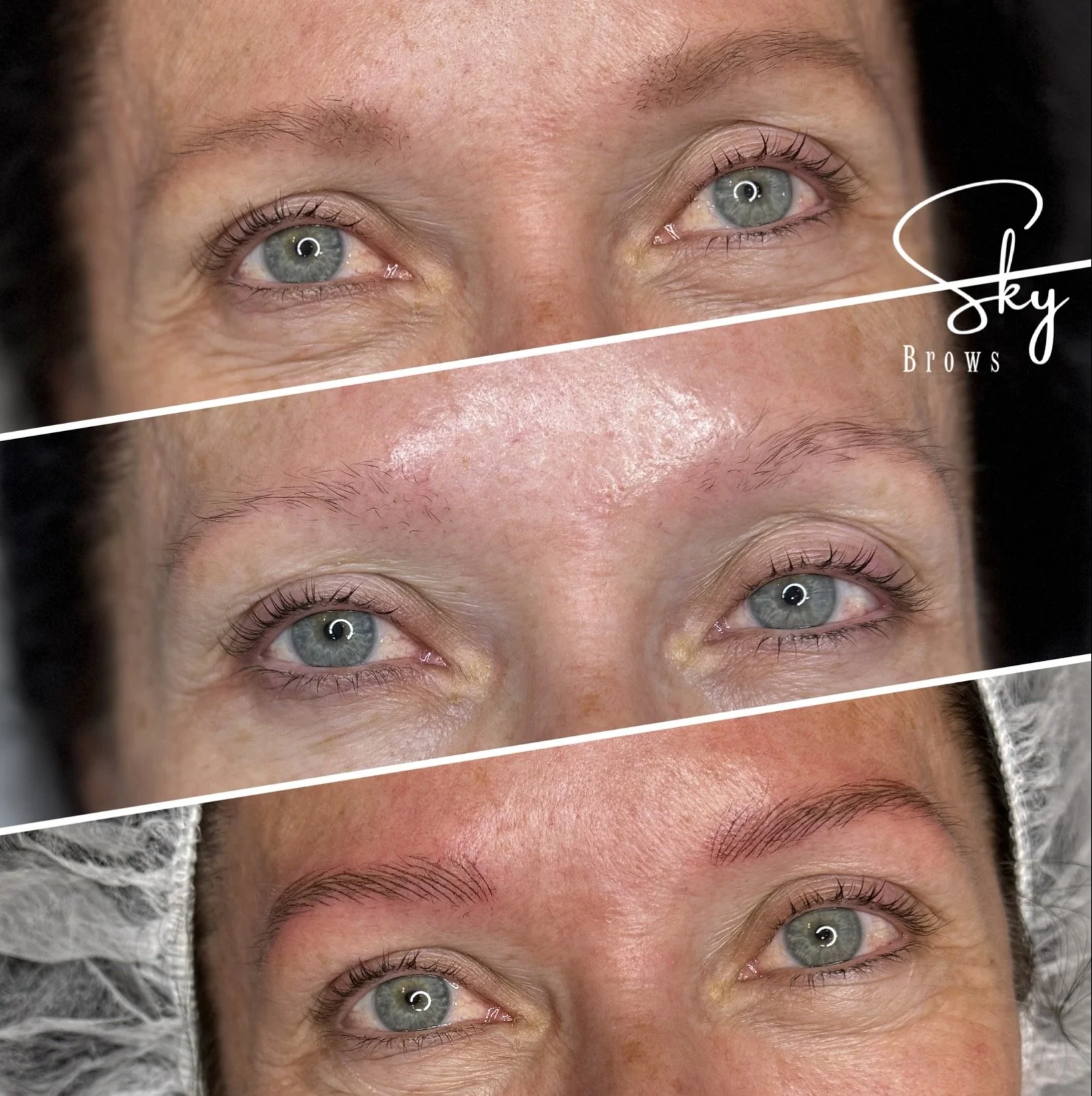 Close-up photo of a person's face showing a comparison of eyebrows at different stages of grooming or makeup application, with three horizontal sections.