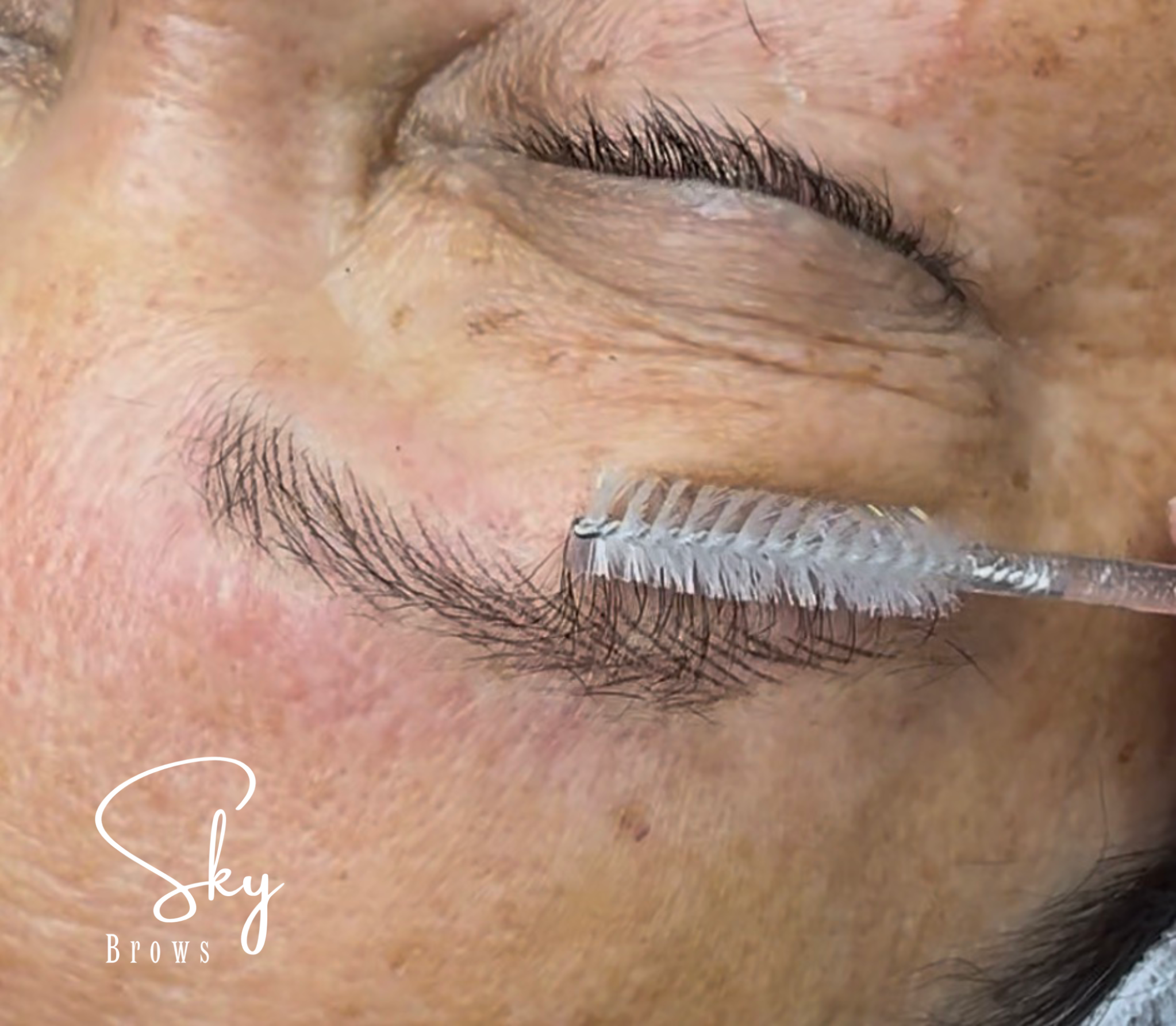 Close-up of a person's closed eye showcasing well-groomed eyebrows and long eyelashes.