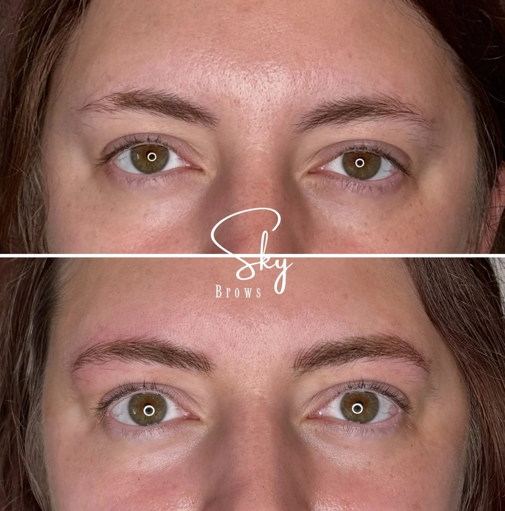 Close-up of a woman's face showing her fresh eyebrows, with the text 'Sky Brows' in the center.