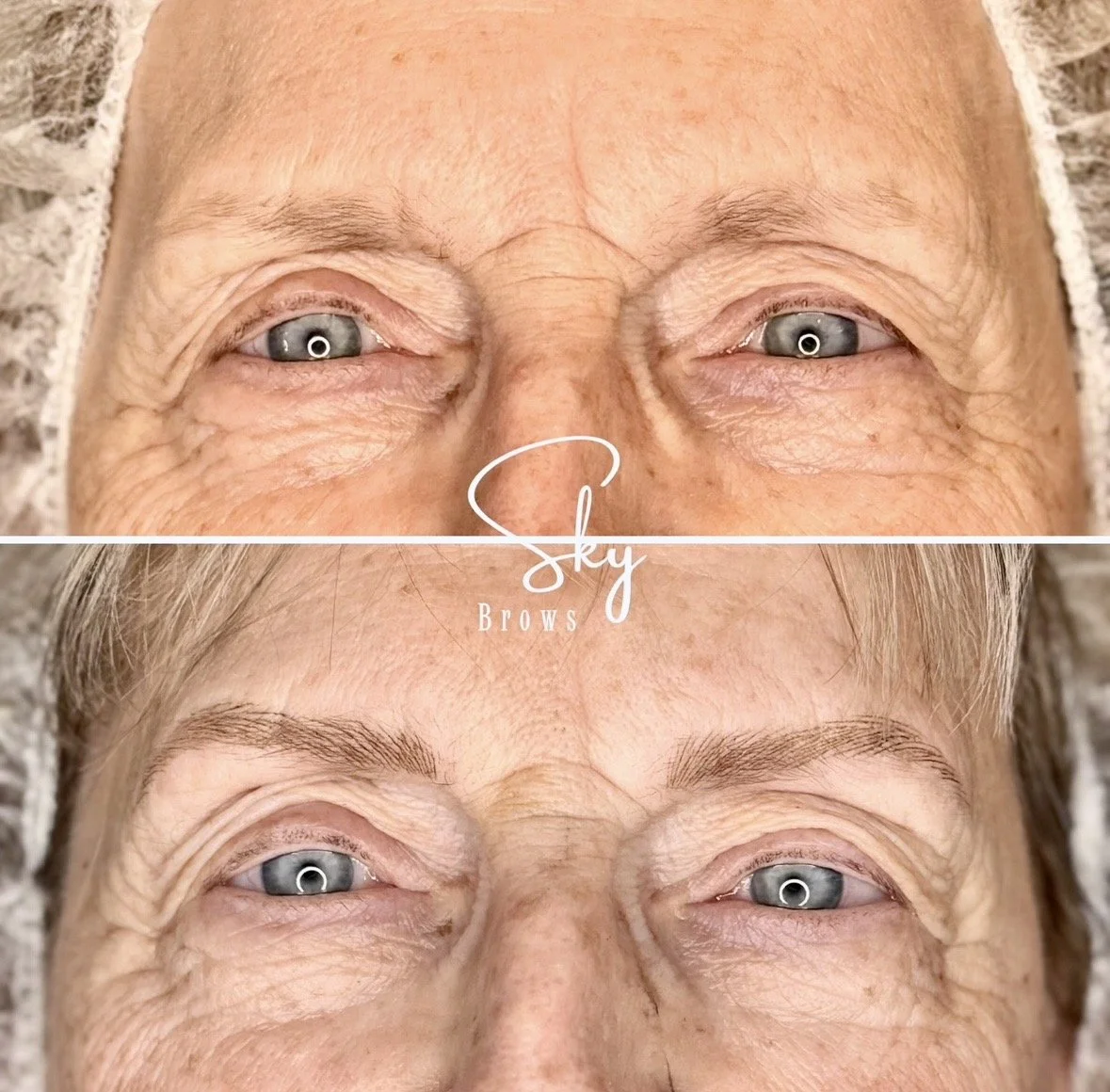 A before-and-after comparison of an elderly woman's face focusing on her eyes and eyebrows, showing improvements in eyebrow appearance.
