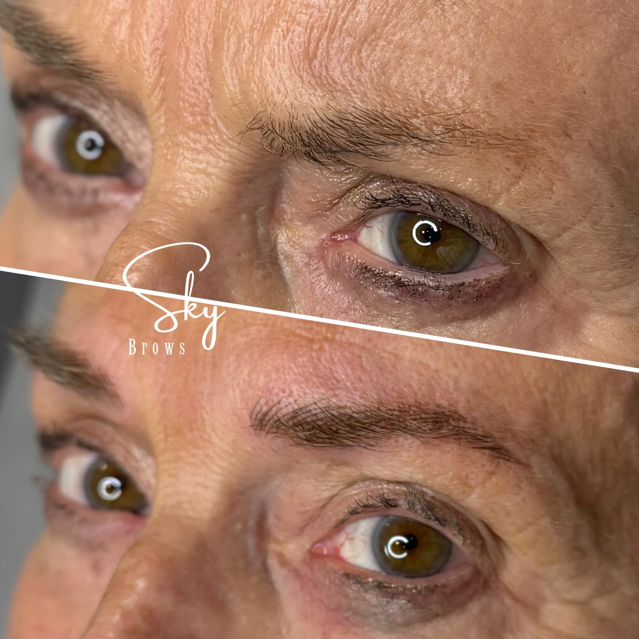 Close-up view of a person's face focusing on the eye area, showing brown eyes, eyebrows, and skin texture.