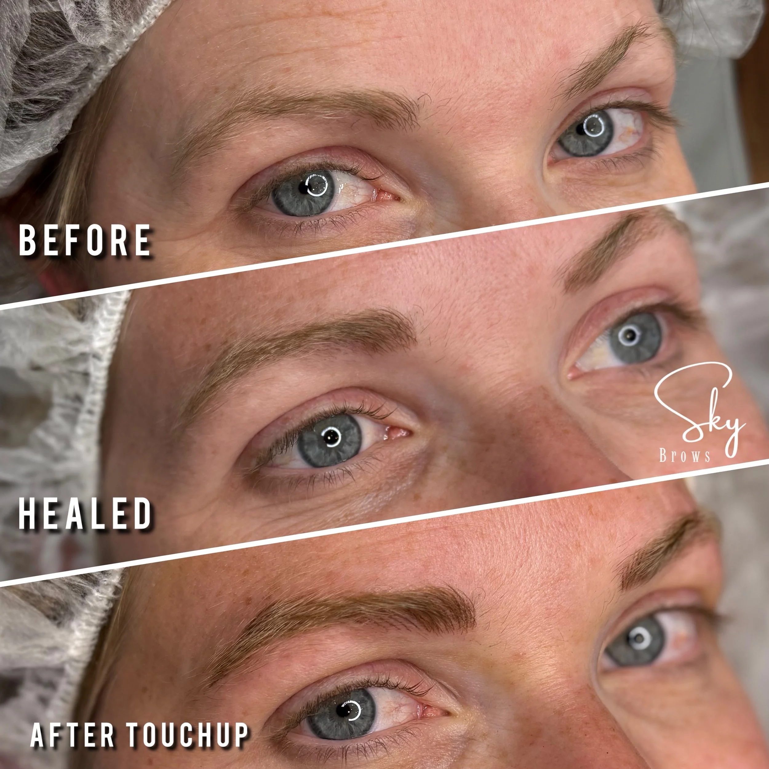 Close-up of a person's eye area showing the difference before and after a cosmetic procedure to enhance eyebrows, with the labels 'BEFORE' and 'AFTER TOUCHUP'.