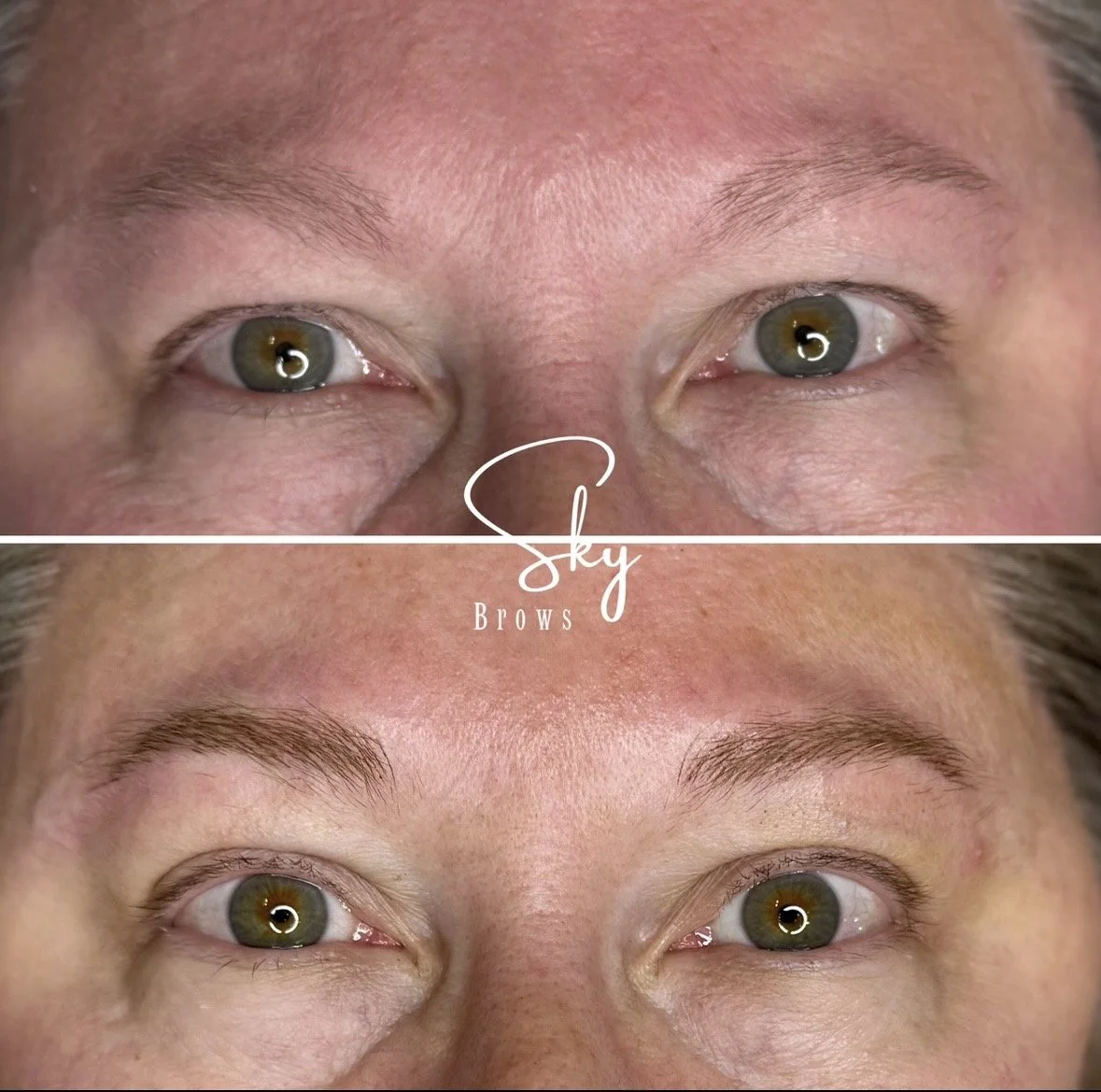 Comparison of eyebrows before and after brow grooming or tinting, showing fuller and more defined eyebrows in the bottom image.