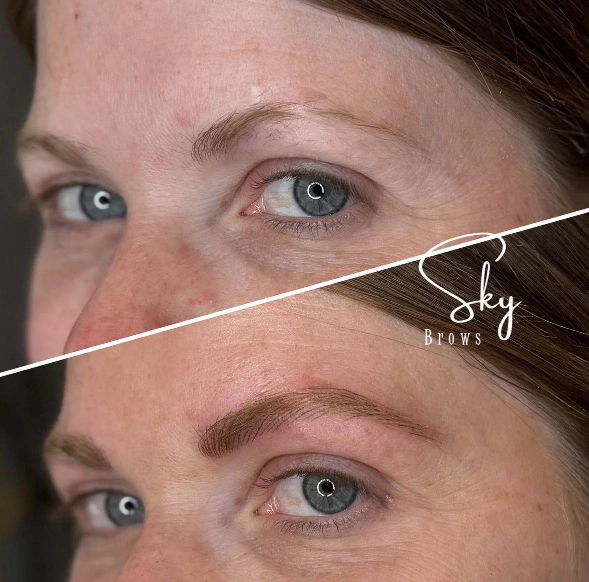Comparison of a natural eyebrow and an enhanced eyebrow with makeup or microblading, showing the transformation in eyebrow appearance.