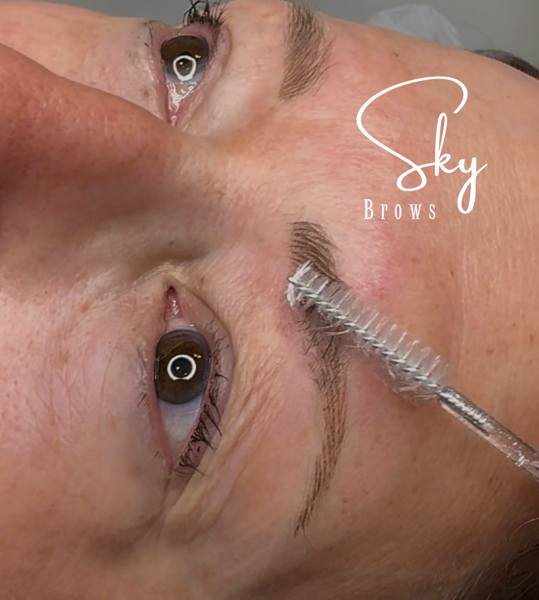 Close-up of a person's face with a focus on the eye and eyebrow, partly obscured by a hand, with visible skin details and makeup. Text overlay reads 'Sky Brows' in white cursive and serif fonts.