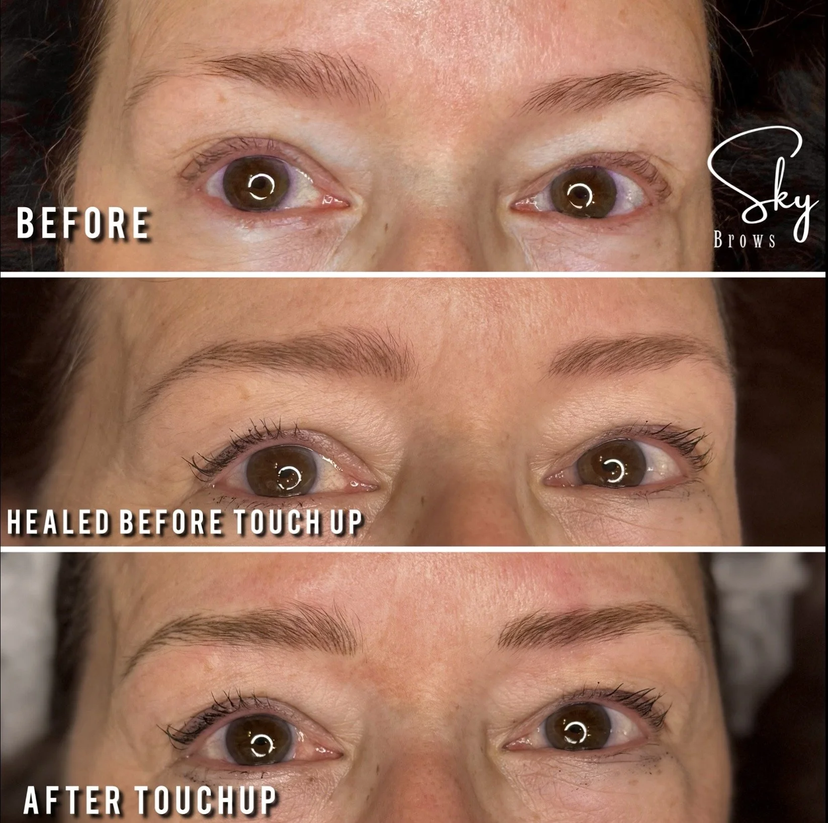 Close-up of a woman's eyes showing the results of eyebrow tattoo removal. The top part labeled 'BEFORE' shows eyebrows that are sparse and uneven. The bottom part labeled 'HEALED BEFORE TOUCH UP' shows eyebrows that are fuller, more defined, and natu