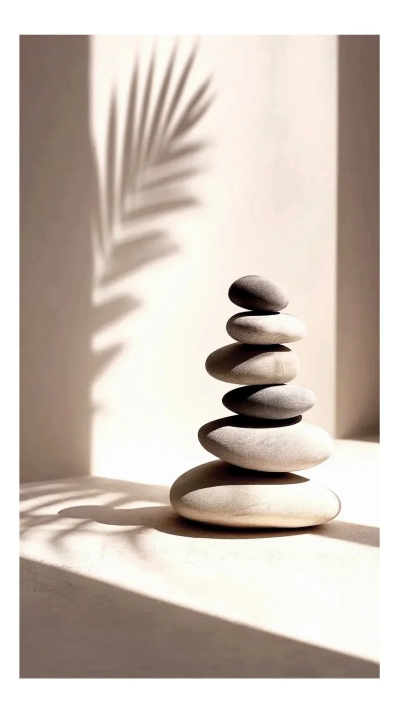 Stack of seven smooth, rounded stones on a surface, with shadows and a blurred palm leaf shadow in the background.