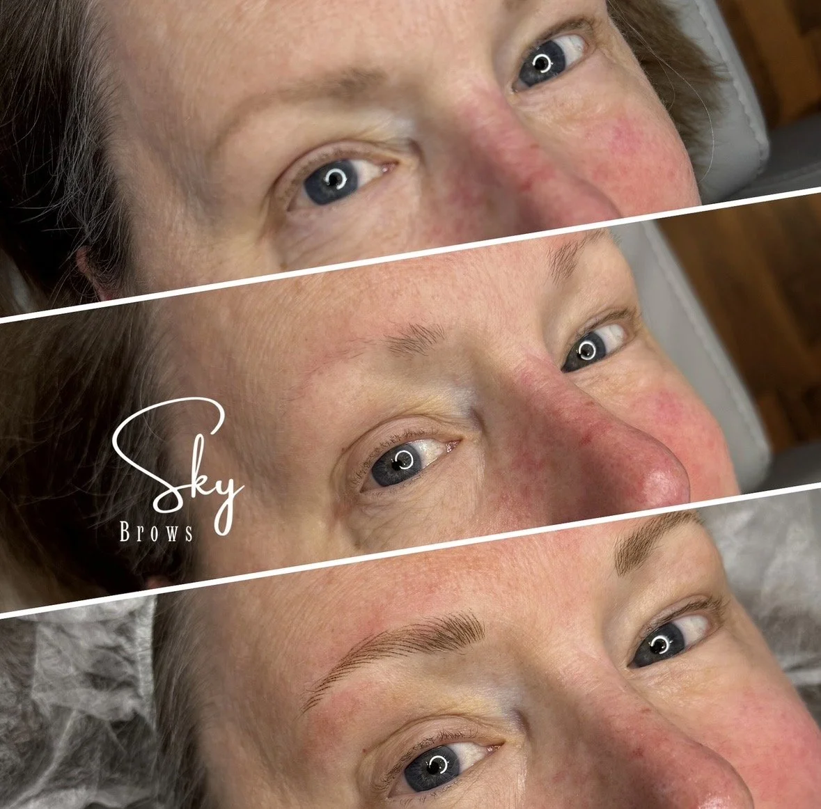A triptych of photos showing a woman's eyebrows before, during, and after eyebrow microblading, with a logo for Sky Brows on the second image.