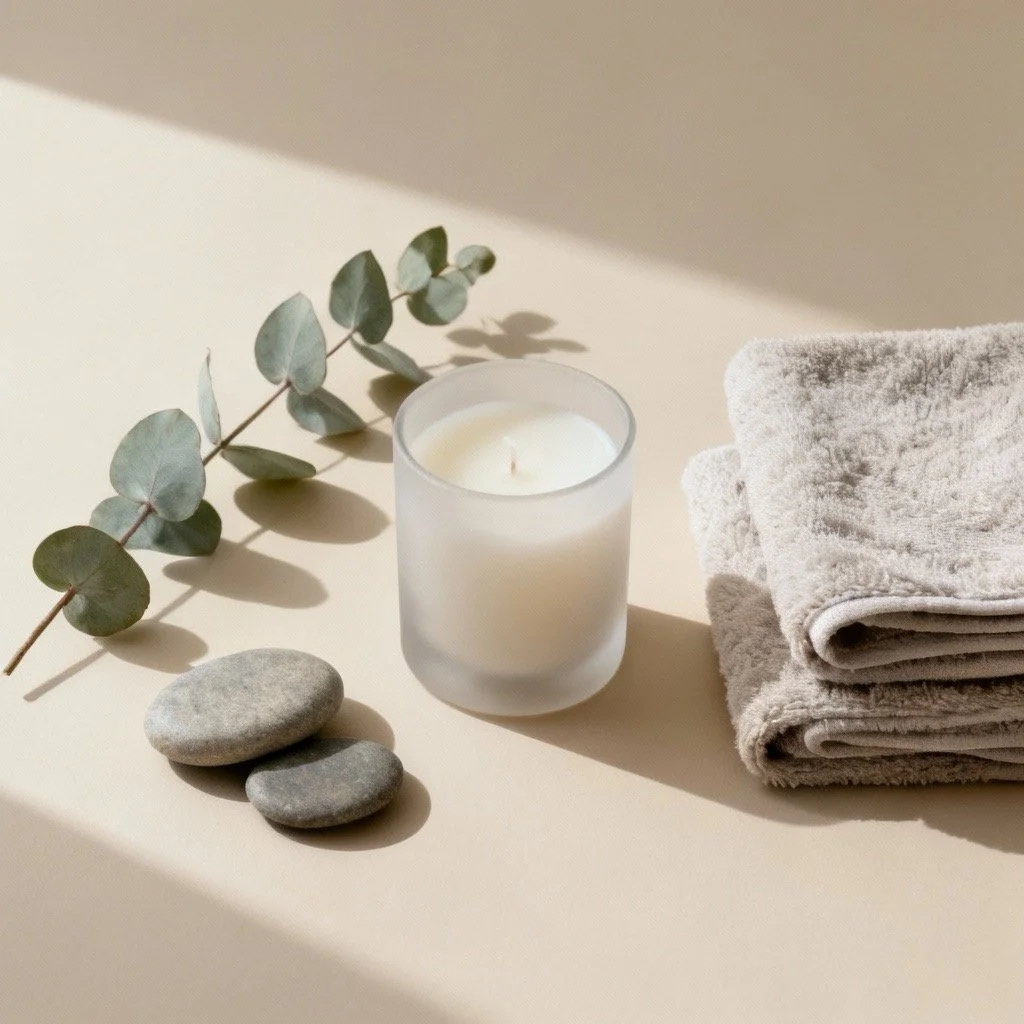 A lit white candle in a frosted glass holder, a folded gray towel, a eucalyptus branch, and three smooth gray stones on a beige surface with natural light and shadows.