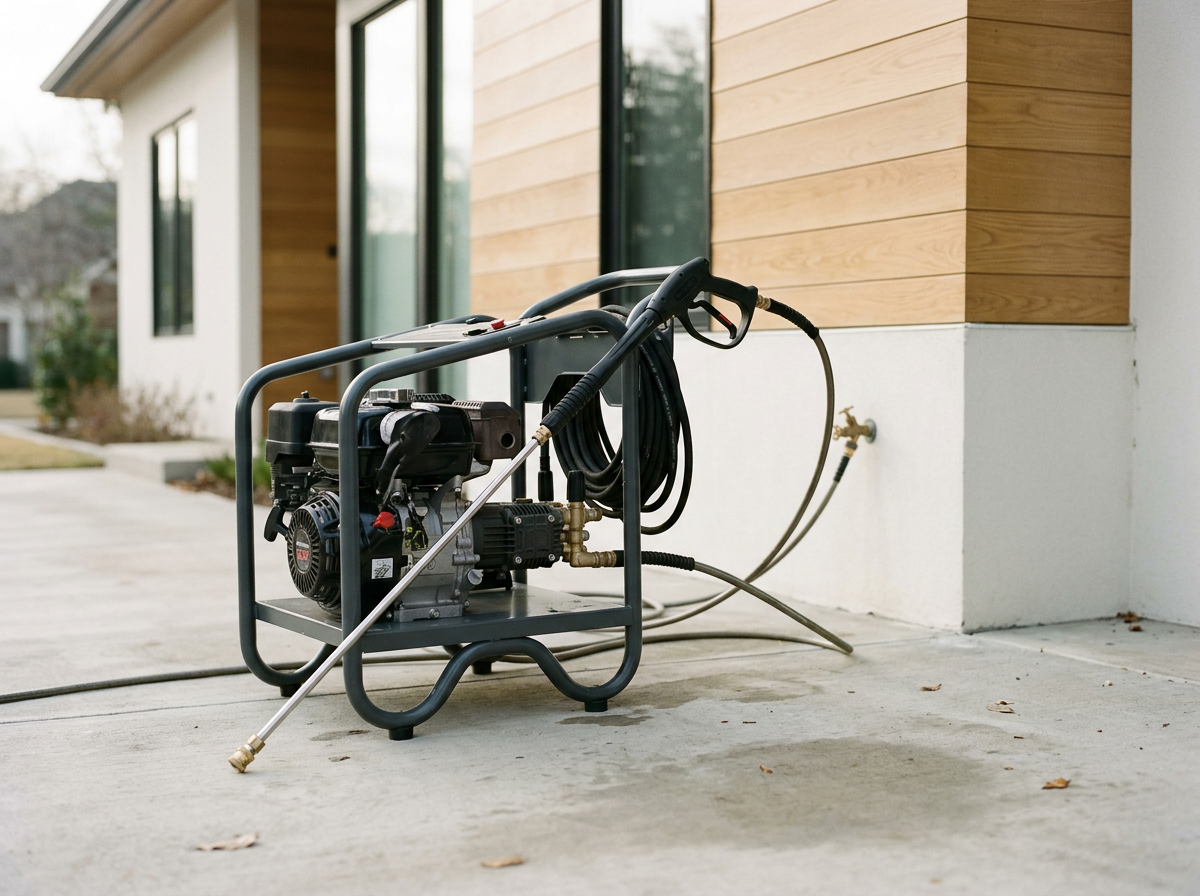 A portable pressure washer with a black frame, engine, hoses, and spray wand sitting on a concrete patio outside a modern house with wooden siding and glass windows.