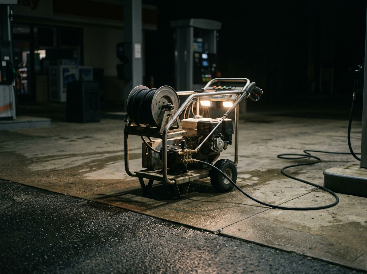 A pressure washer on a wet gas station surface at night, with a hose reel attached and headlights illuminating the area. In the background, gas pumps and vending machines are visible.