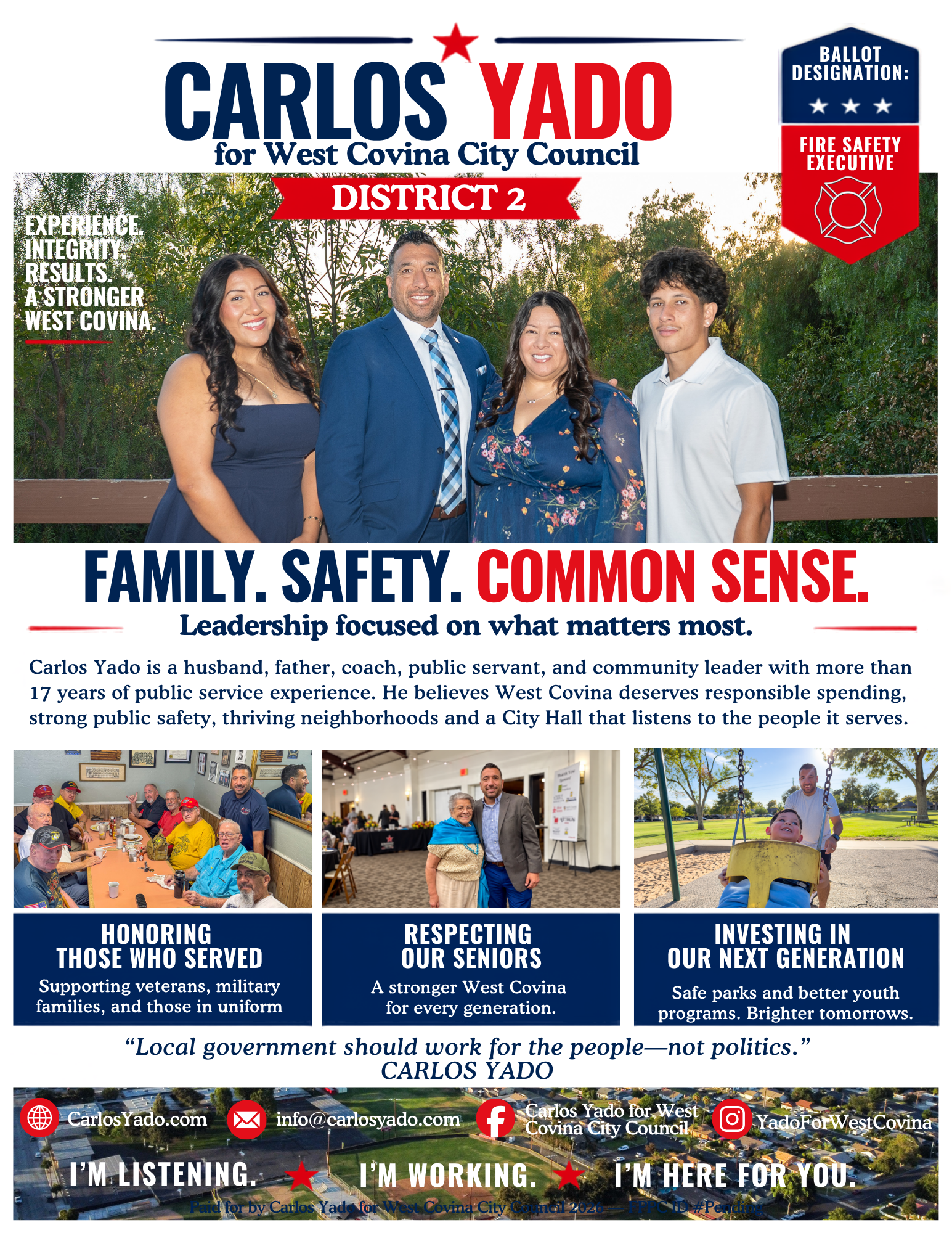 Campaign Mailer — Front: Family. Safety. Common Sense.