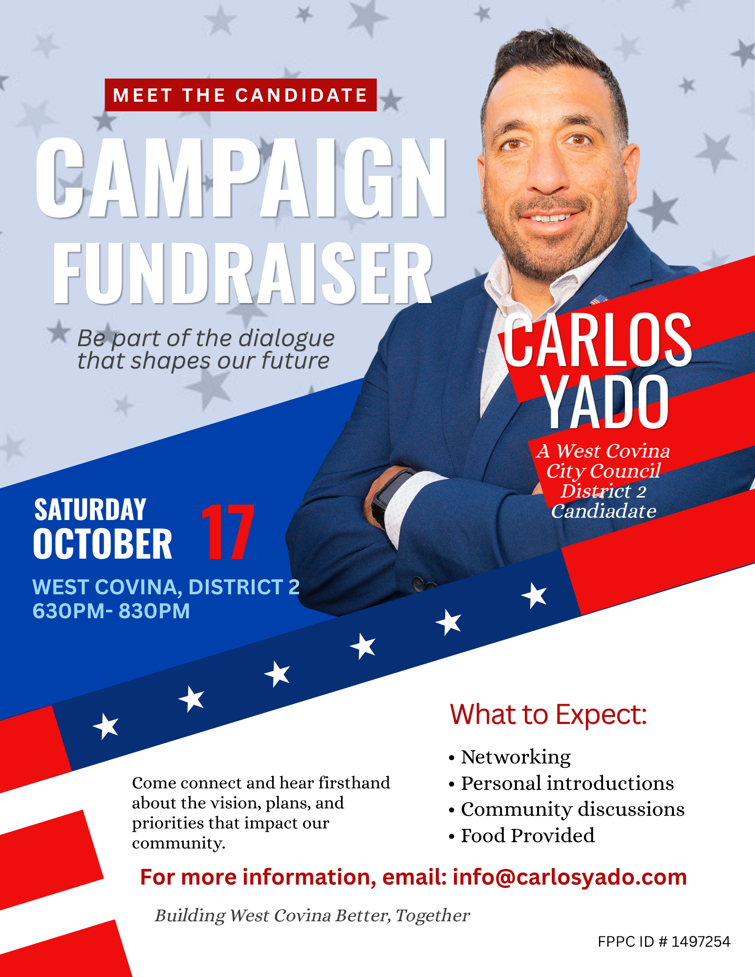 Carlos Yado campaign fundraiser, Saturday October 17, 2026, 6:30–8:30 p.m., West Covina District 2. RSVP required.
