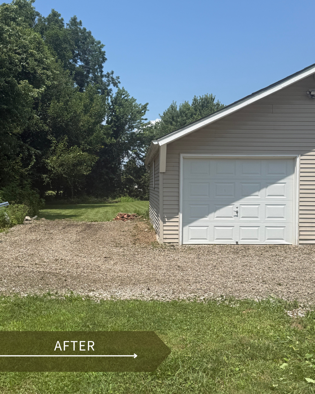 A garage with a closed white door, a gravel driveway, and green grass in the foreground. Tall trees and a blue sky are visible in the background. The image is labeled 'After' in the bottom left corner.