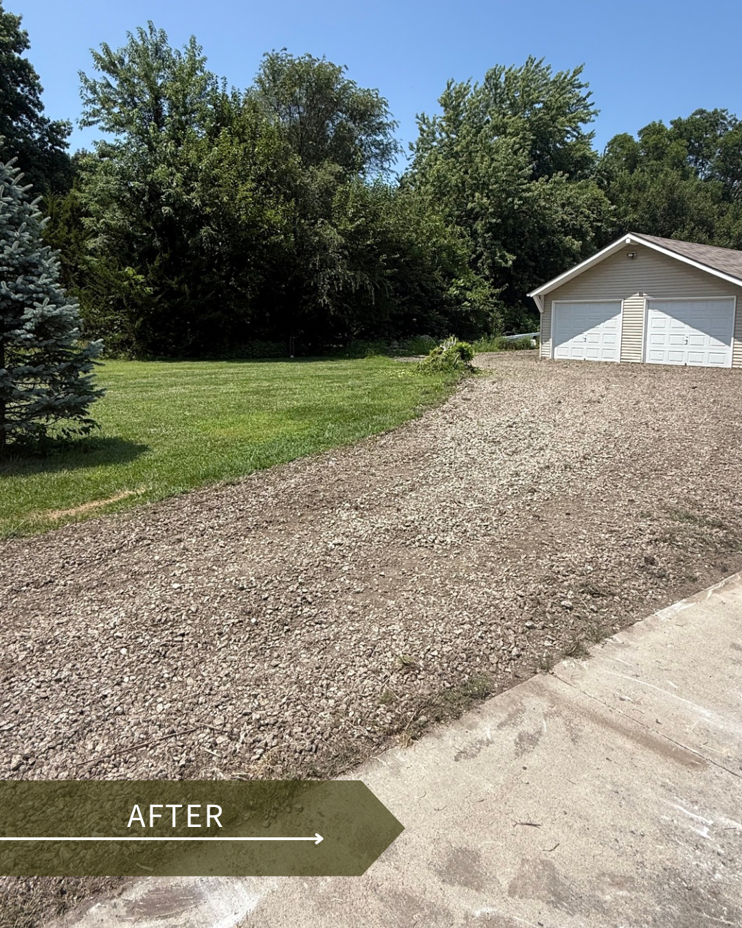 A driveway with gravel and concrete sections leading to a white garage with two doors. The grass on the left is green and well-maintained, with a small evergreen tree, and trees are visible in the background under a clear blue sky.